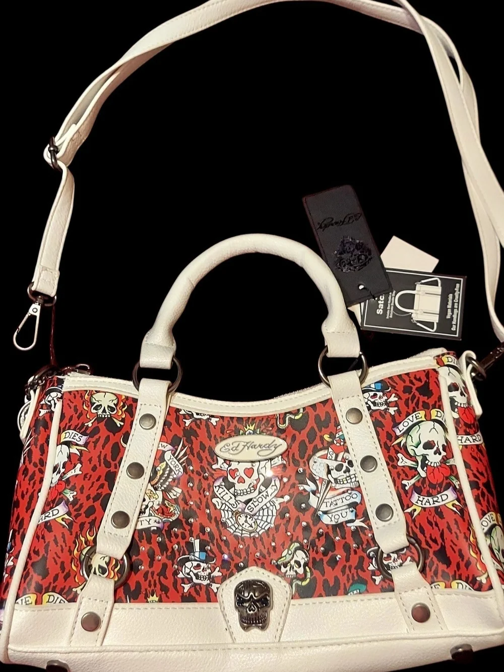 Ed Hardy Red and White Satchel with Tattoo-Print Detail Nwt